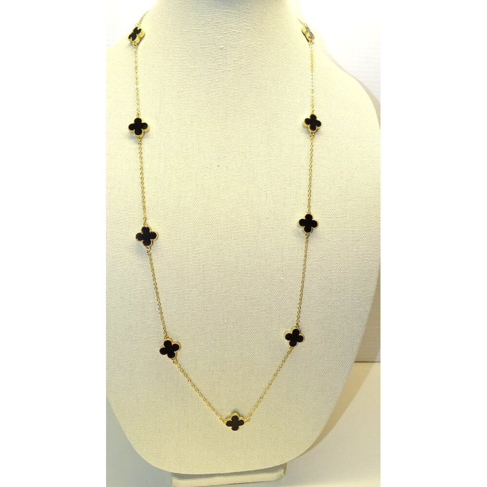 Elegant Necklace With Black Flowers & Gold Chain 36 inches-